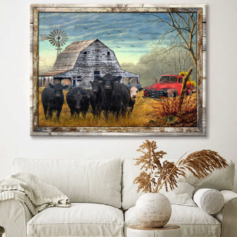 Canvas Poster Prints Beautiful Farmhouse Angus Cattle and Sunflower Pick up Truck Wall Art Decor