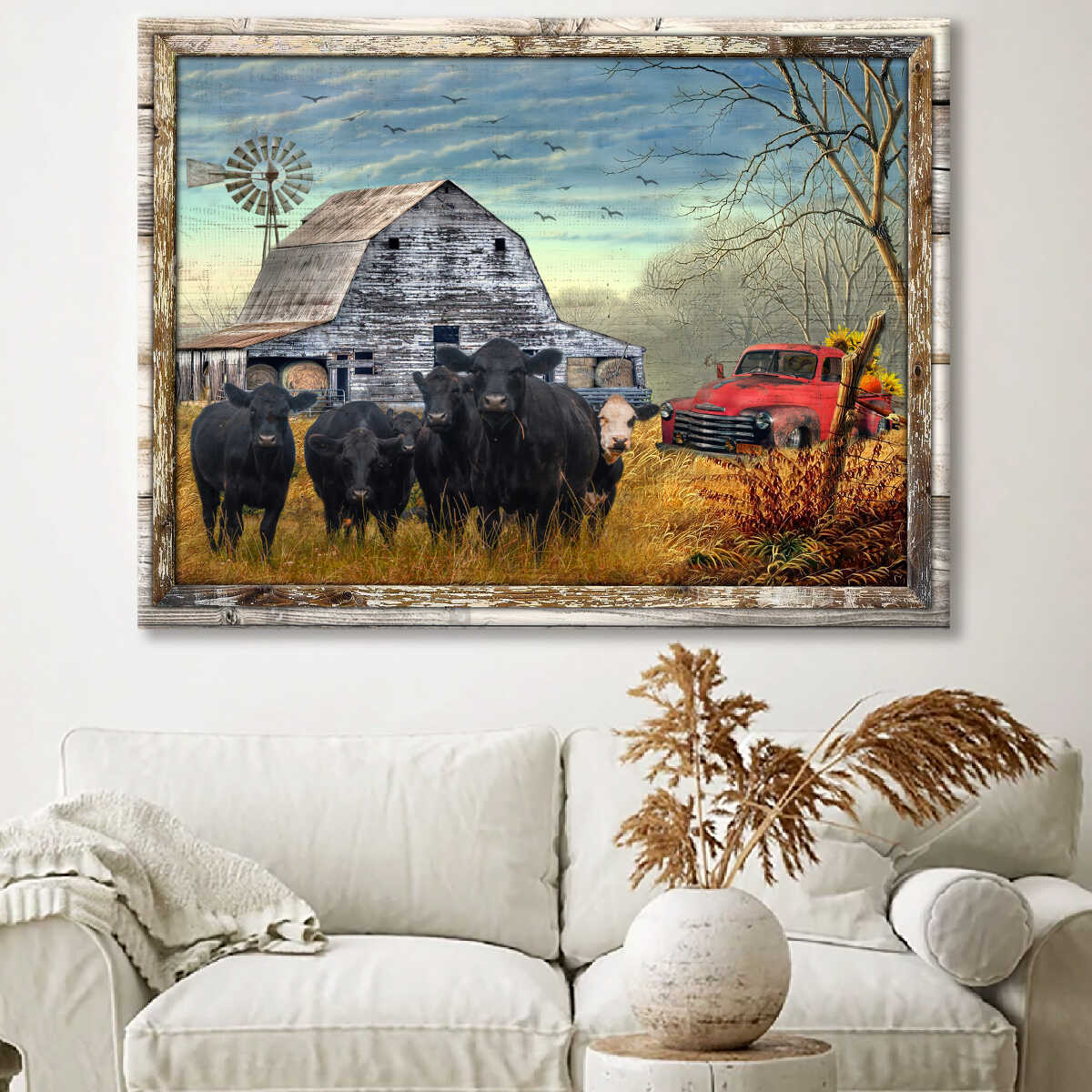 Canvas Poster Prints Beautiful Farmhouse Angus Cattle and Sunflower Pick up Truck Wall Art Decor