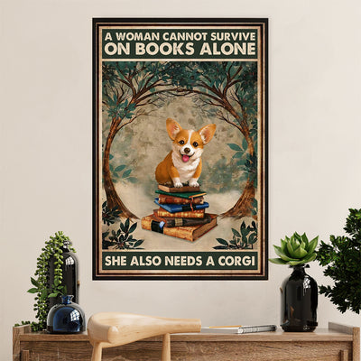 Cute Pembroke Welsh Corgi Poster Print | Woman Loves Book & Dog | Wall Art Gift for Corgi Lover