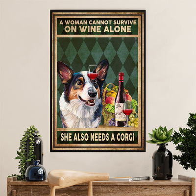 Cute Pembroke Welsh Corgi Canvas Prints | Woman Loves Wine & Dog | Wall Art Gift for Corgi Lover