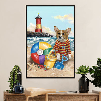 Cute Pembroke Welsh Corgi Poster Print | Play in the Beach | Wall Art Gift for Corgi Lover