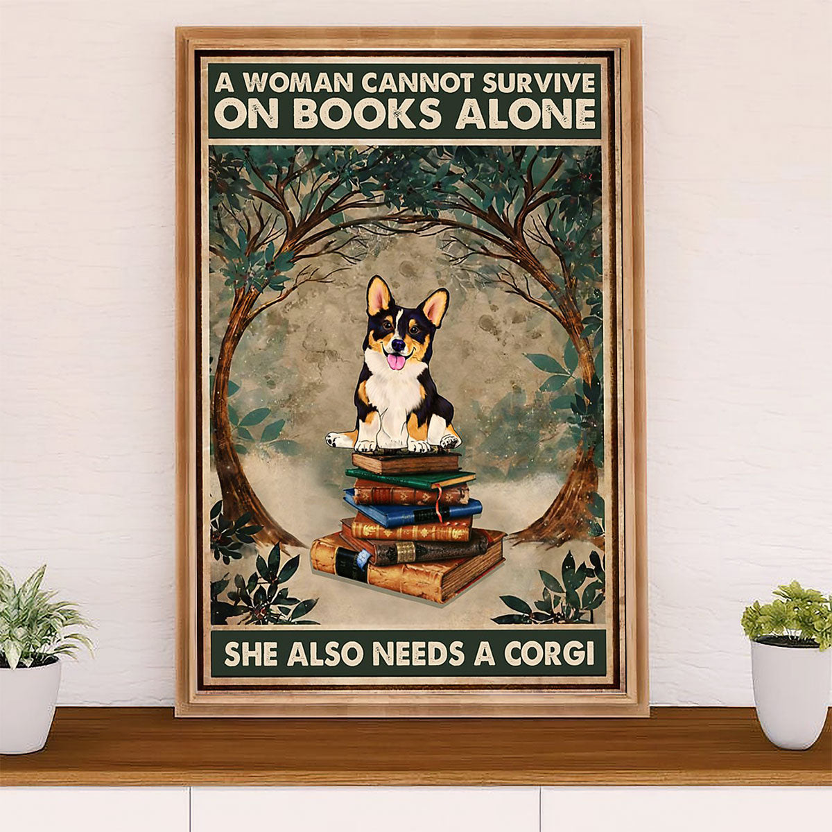 Cute Pembroke Welsh Corgi Poster Print | Woman Loves Book & Dog | Wall Art Gift for Corgi Lover