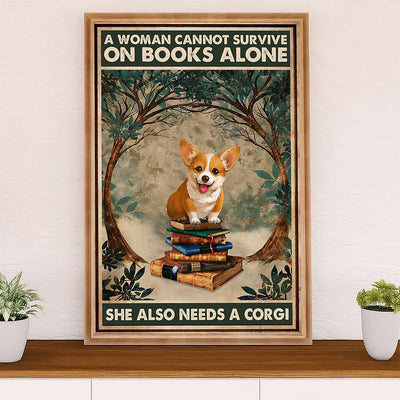 Cute Pembroke Welsh Corgi Poster Print | Woman Loves Book & Dog | Wall Art Gift for Corgi Lover