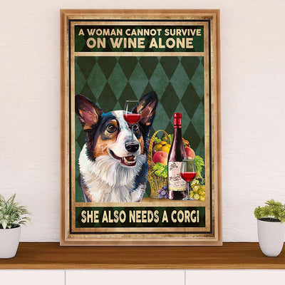 Cute Pembroke Welsh Corgi Canvas Prints | Woman Loves Wine & Dog | Wall Art Gift for Corgi Lover