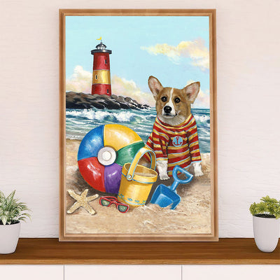 Cute Pembroke Welsh Corgi Poster Print | Play in the Beach | Wall Art Gift for Corgi Lover