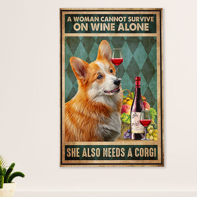 Cute Pembroke Welsh Corgi Canvas Prints | Woman Loves Wine & Dog | Wall Art Gift for Corgi Lover