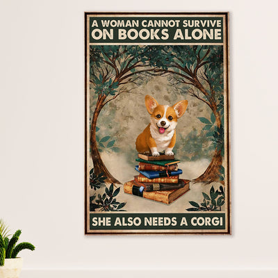 Cute Pembroke Welsh Corgi Poster Print | Woman Loves Book & Dog | Wall Art Gift for Corgi Lover