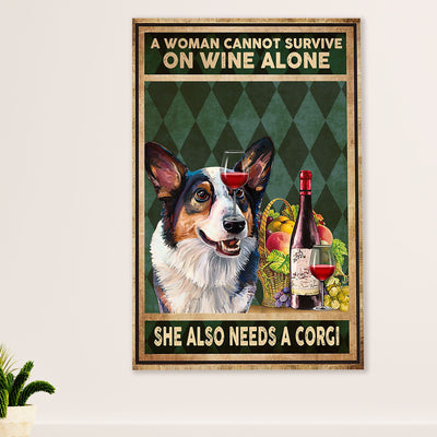 Cute Pembroke Welsh Corgi Canvas Prints | Woman Loves Wine & Dog | Wall Art Gift for Corgi Lover