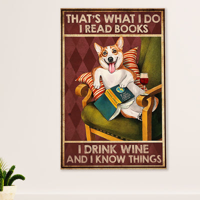 Cute Pembroke Welsh Corgi Canvas Prints | Book, Wine, Know Things | Wall Art Gift for Corgi Lover