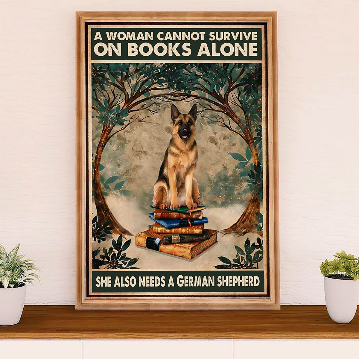 German Shepherd Poster Print | Woman Loves Book & Dog | Wall Art Gift for Shepherd Mom Dad