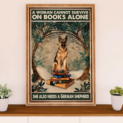 German Shepherd Poster Print | Woman Loves Book & Dog | Wall Art Gift for Shepherd Mom Dad