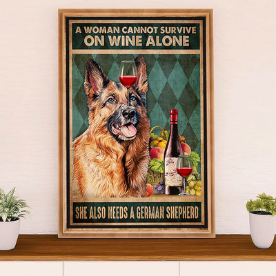 German Shepherd Poster Print | Woman Loves Wine & Dog | Wall Art Gift for Shepherd Mom Dad