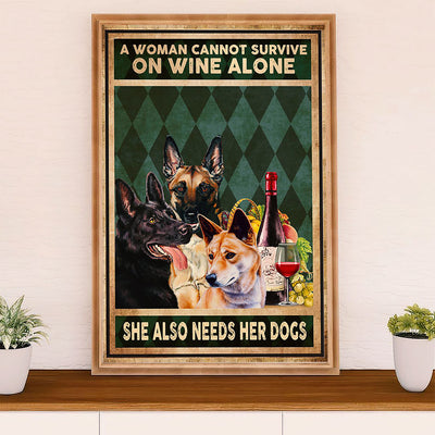 German Shepherd Poster Print | Woman Loves Wine & Dog | Wall Art Gift for Shepherd Mom Dad