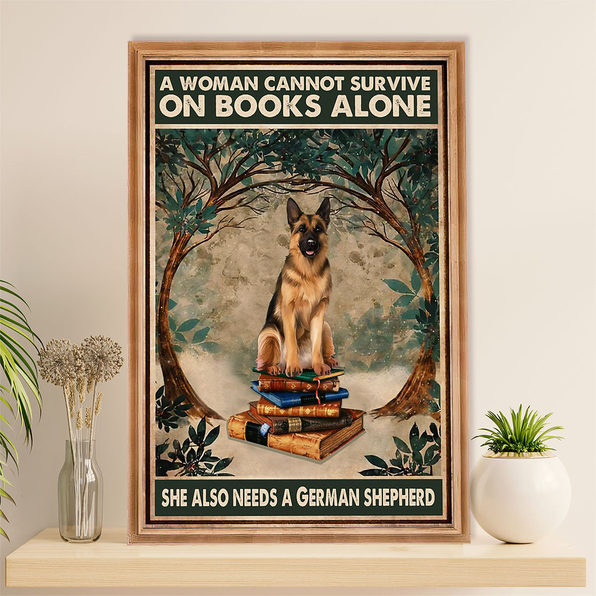 German Shepherd Canvas Prints | Woman Loves Book & Dog | Wall Art Gift for Shepherd Dog Lover