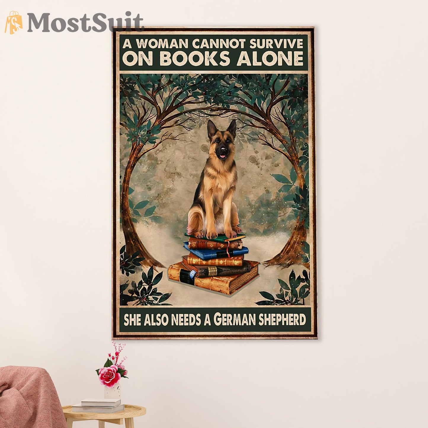 German Shepherd Canvas Prints | Woman Loves Book & Dog | Wall Art Gift for Shepherd Dog Lover