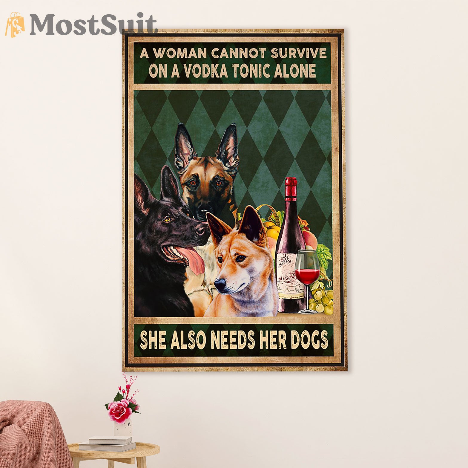 German Shepherd Poster Print | Woman loves Vodka & Dog | Wall Art Gift for Shepherd Mom Dad
