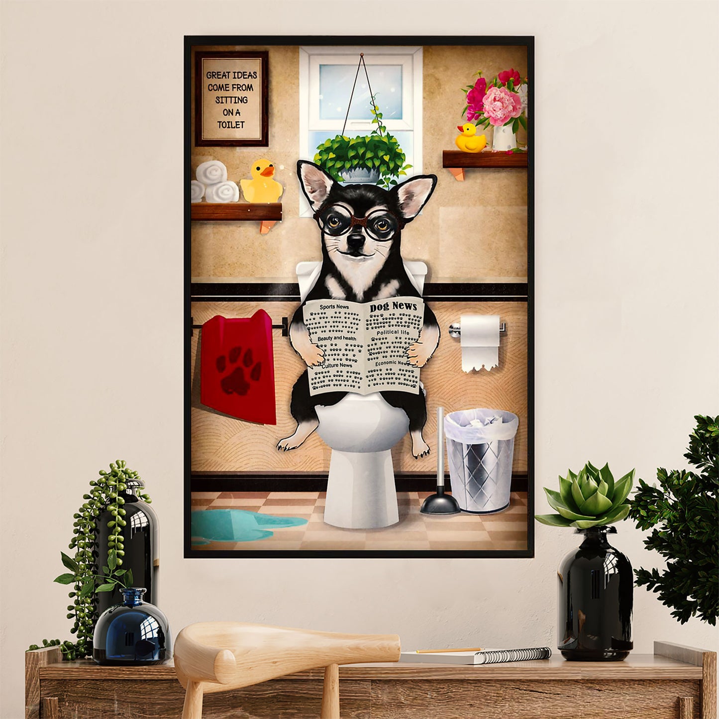 Chihuahua Canvas Wall Art Prints | Funny Dog in Toilet | Gift for Chihuahua Dog Lover
