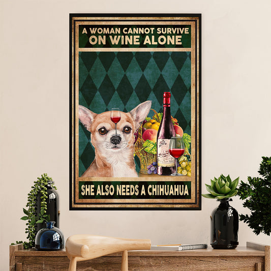 Chihuahua Poster Print | Woman Loves Wine & Dog | Wall Art Gift for Chihuahua Lover, Mom Dad