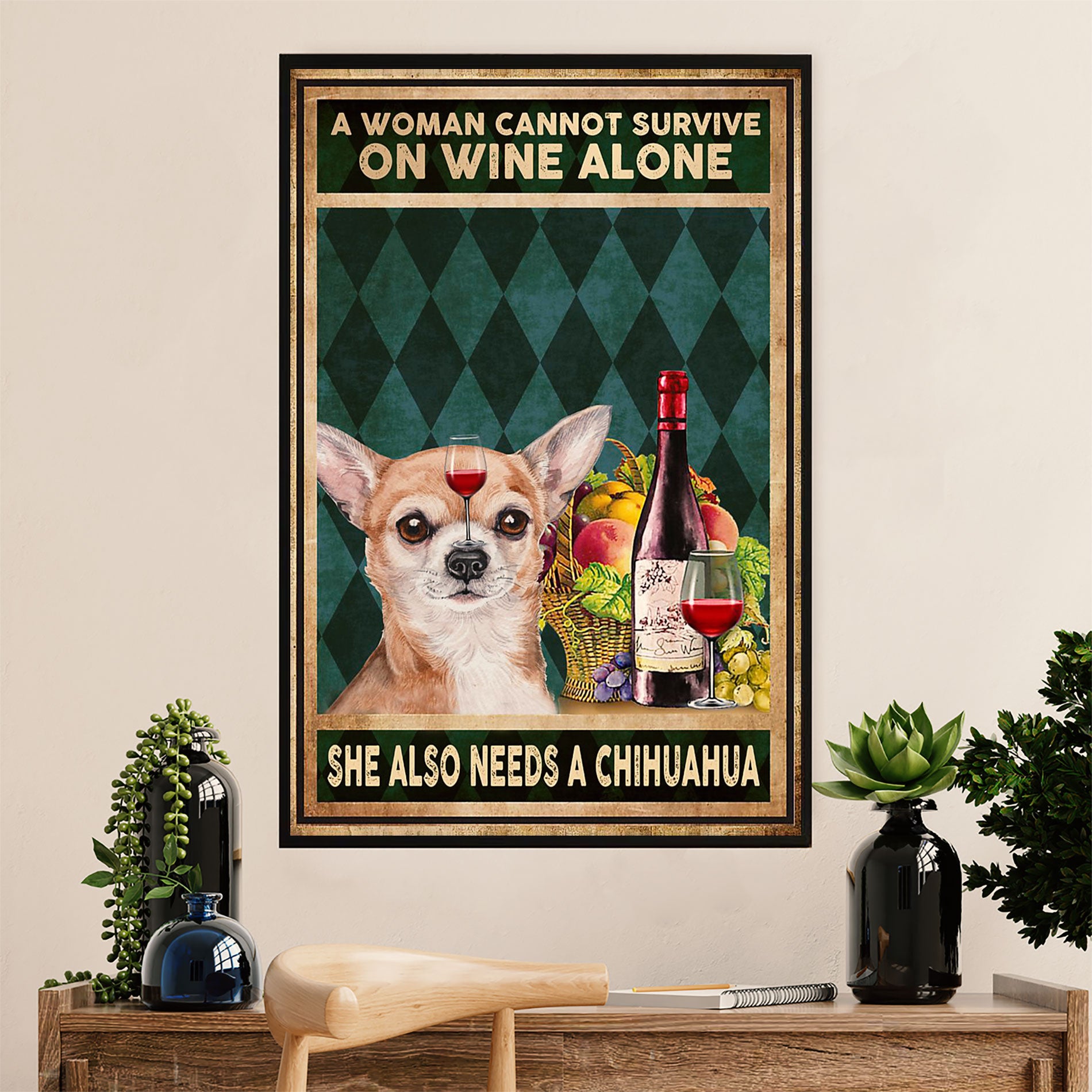 Chihuahua Canvas Wall Art Prints | Woman Loves Wine & Dog | Gift for Chihuahua Dog Lover