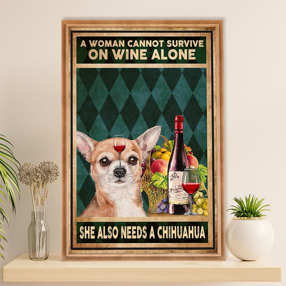 Chihuahua Canvas Wall Art Prints | Woman Loves Wine & Dog | Gift for Chihuahua Dog Lover