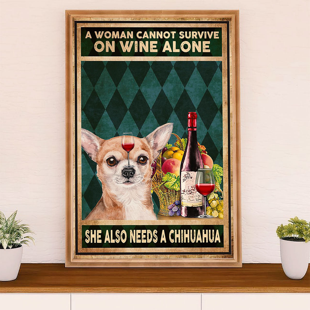 Chihuahua Canvas Wall Art Prints | Woman Loves Wine & Dog | Gift for Chihuahua Dog Lover