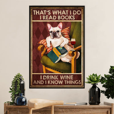 French Bulldog Poster Print | Books, Wine, Know Things | Wall Art Gift for French Bulldog Lover, Mom Dad