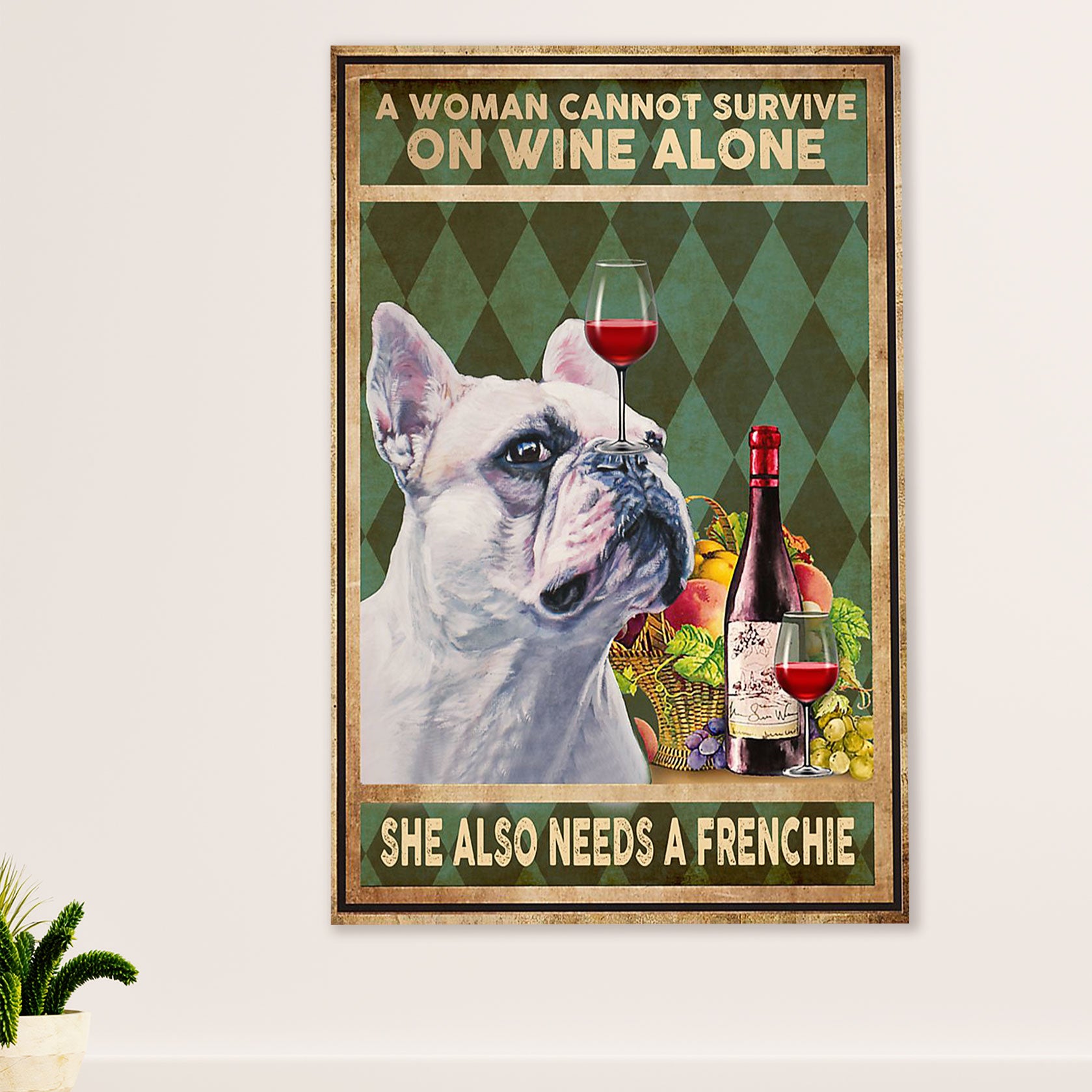 French Bulldog Canvas Wall Art Prints | Woman Loves Wine & Dog | Gift for French Bulldog Dog Lover