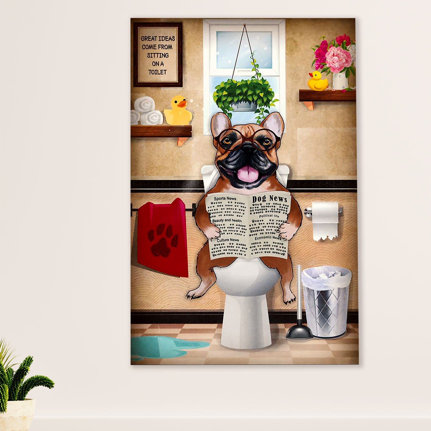 French Bulldog Canvas Wall Art Prints | Funny Frenchie in Toilet | Gift for French Bulldog Dog Lover