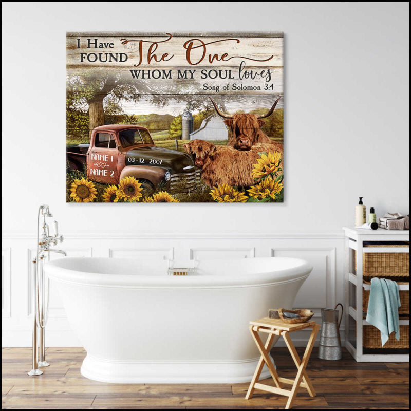 Custom Canvas Poster Prints Personalized Gifts Wedding Anniversary Gifts I have found the one my soul loves Couple Highland cattle and Farm Truck and Sunflowers Wall Art Decor Mostsuit