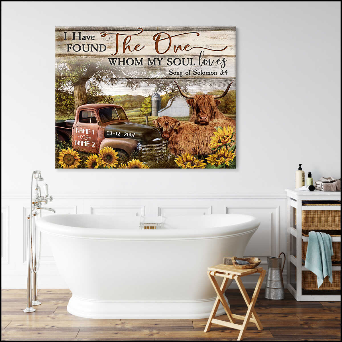 Custom Canvas Poster Prints Personalized Gifts Wedding Anniversary Gifts I have found the one my soul loves Couple Highland cattle and Farm Truck and Sunflowers Wall Art Decor Mostsuit