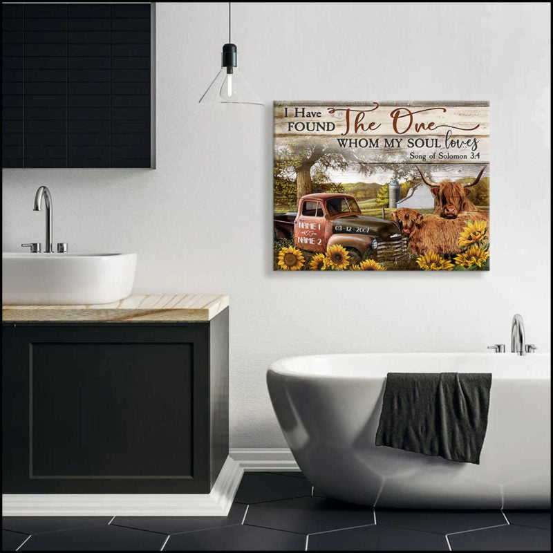 Custom Canvas Poster Prints Personalized Gifts Wedding Anniversary Gifts I have found the one my soul loves Couple Highland cattle and Farm Truck and Sunflowers Wall Art Decor Mostsuit