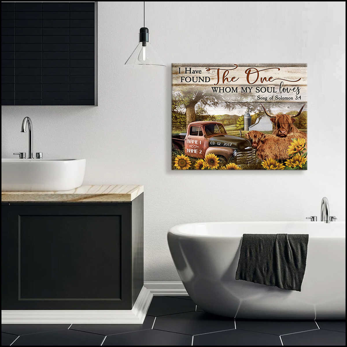 Custom Canvas Poster Prints Personalized Gifts Wedding Anniversary Gifts I have found the one my soul loves Couple Highland cattle and Farm Truck and Sunflowers Wall Art Decor Mostsuit
