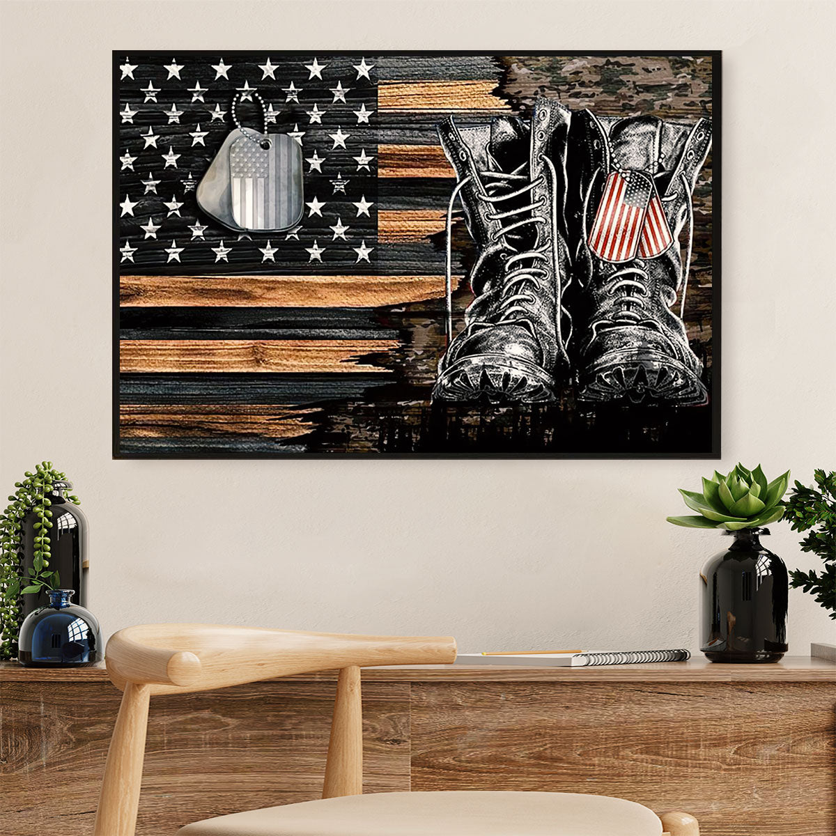 American Veteran Poster | Dog Tag & American Flag | Wall Art Gift for Veteran's Day US Navy Army