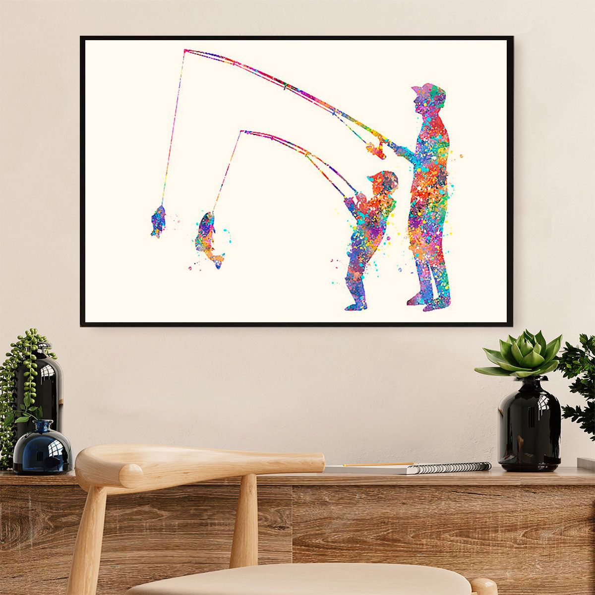 Fishing Poster Print | Watercolor Fishing Dad & Son | Wall Art Gift for Fisherman