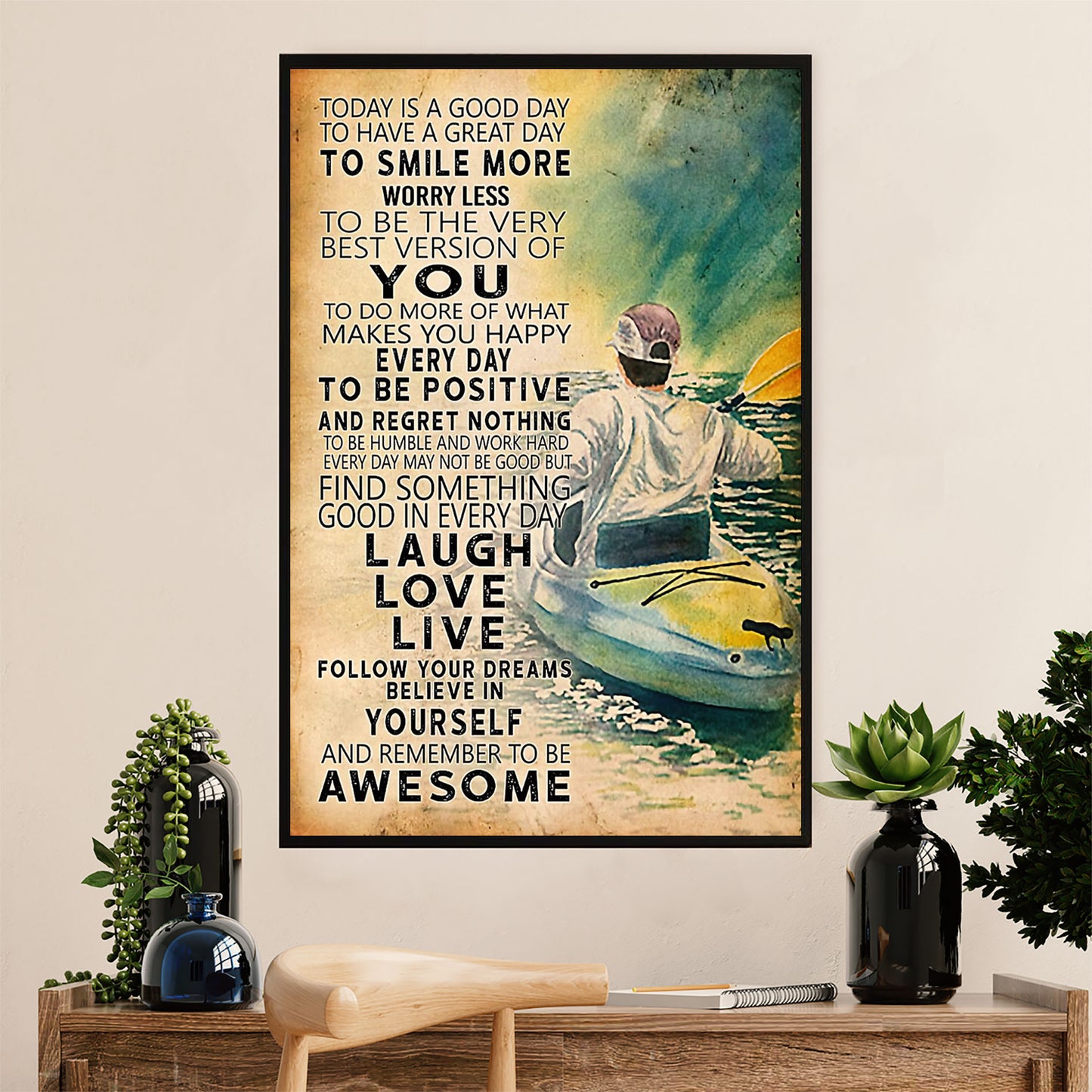 Kayaking Poster Print Room Decor | Laugh Love Live | Wall Art Gift for Kayaker