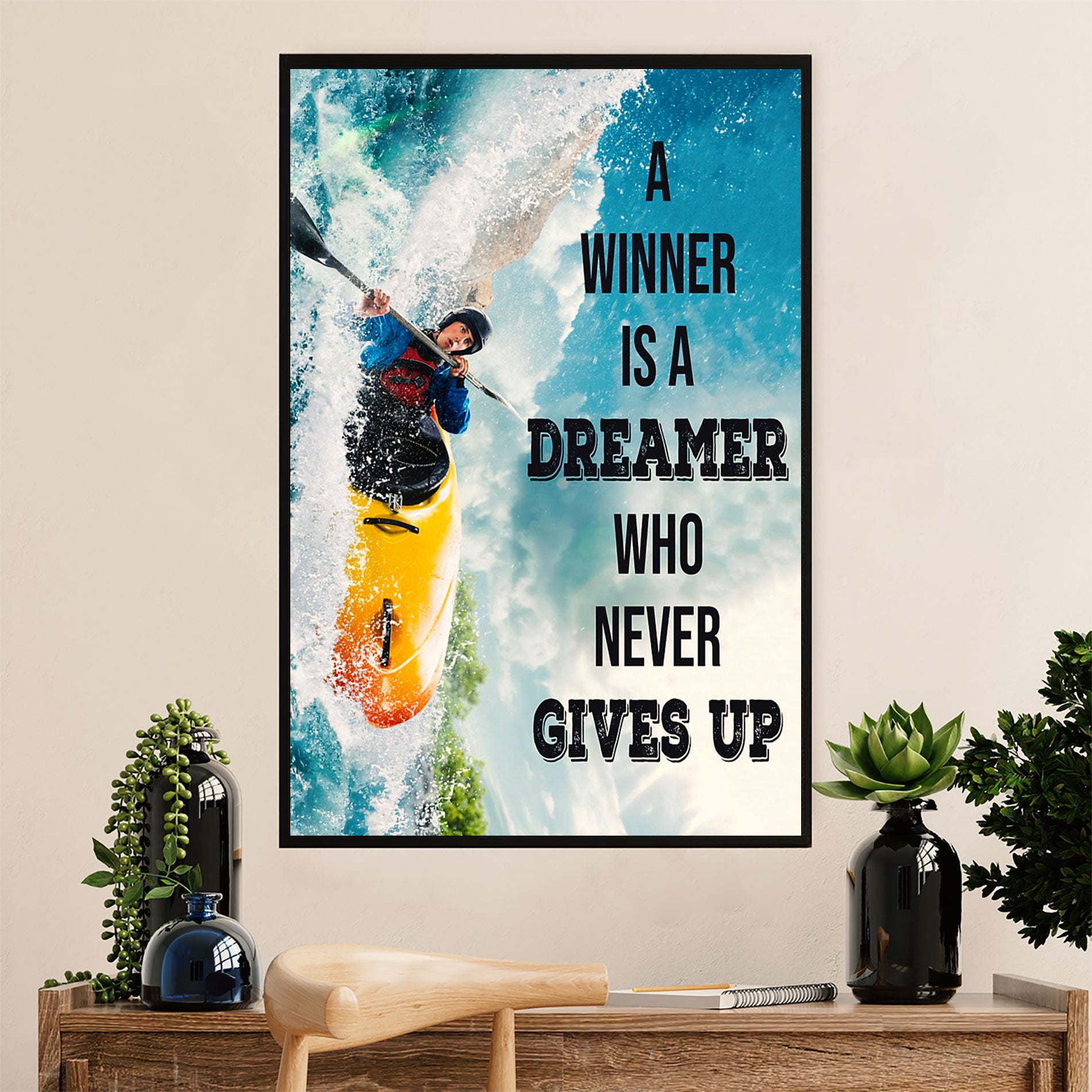 Kayaking Canvas Wall Art Prints | Winner Never Gives Up | Home Décor Gift for Kayaker