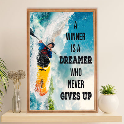 Kayaking Canvas Wall Art Prints | Winner Never Gives Up | Home Décor Gift for Kayaker