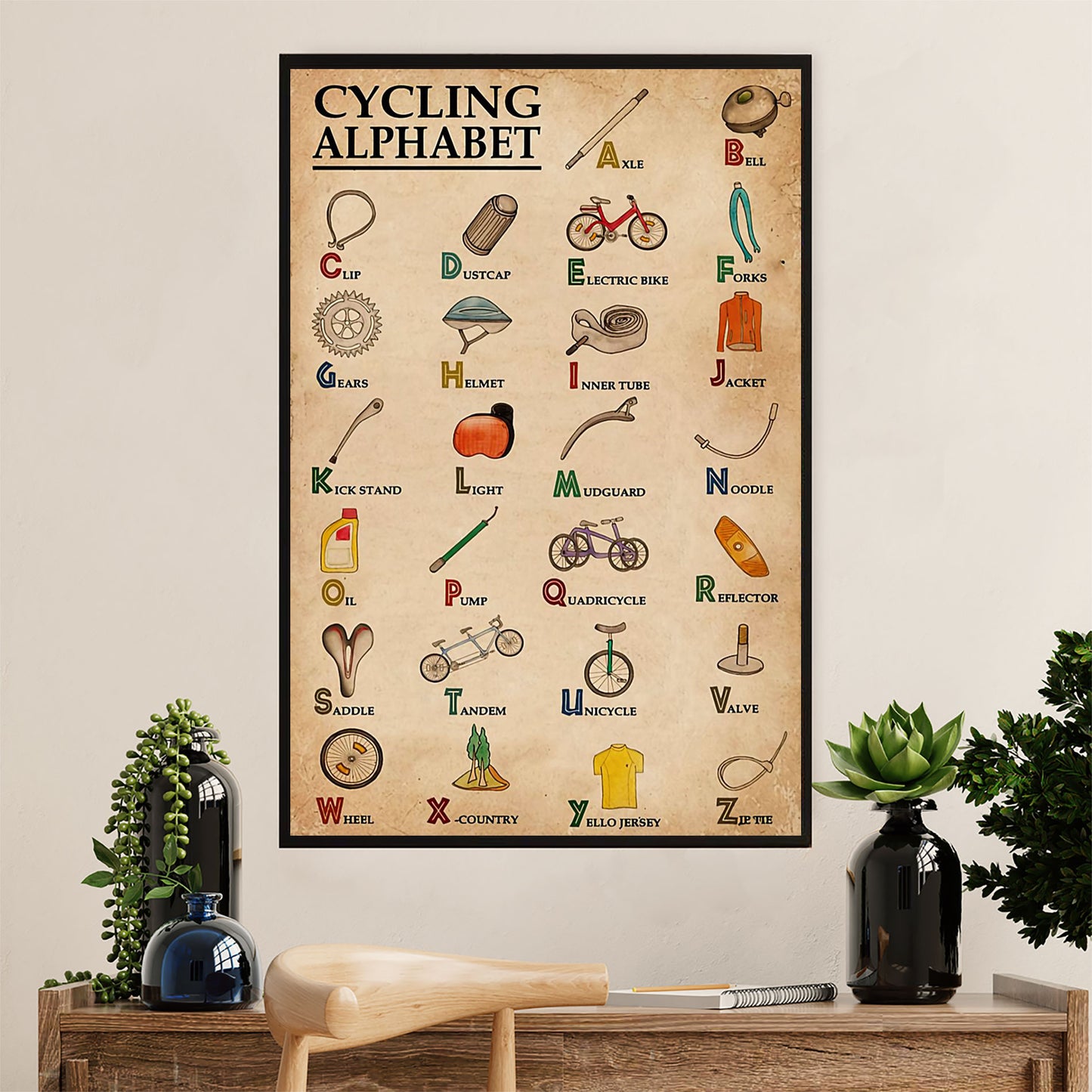 Cycling, Mountain Biking Canvas Wall Art Prints | Cycling Alphabet | Home Décor Gift for Cycler