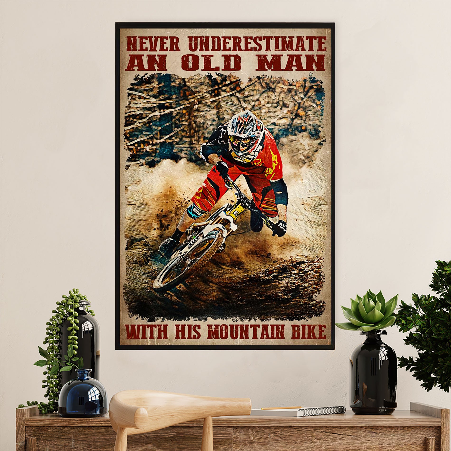 Cycling, Mountain Biking Poster Prints | Old Man with Mountain Bike | Wall Art Gift for Cycler