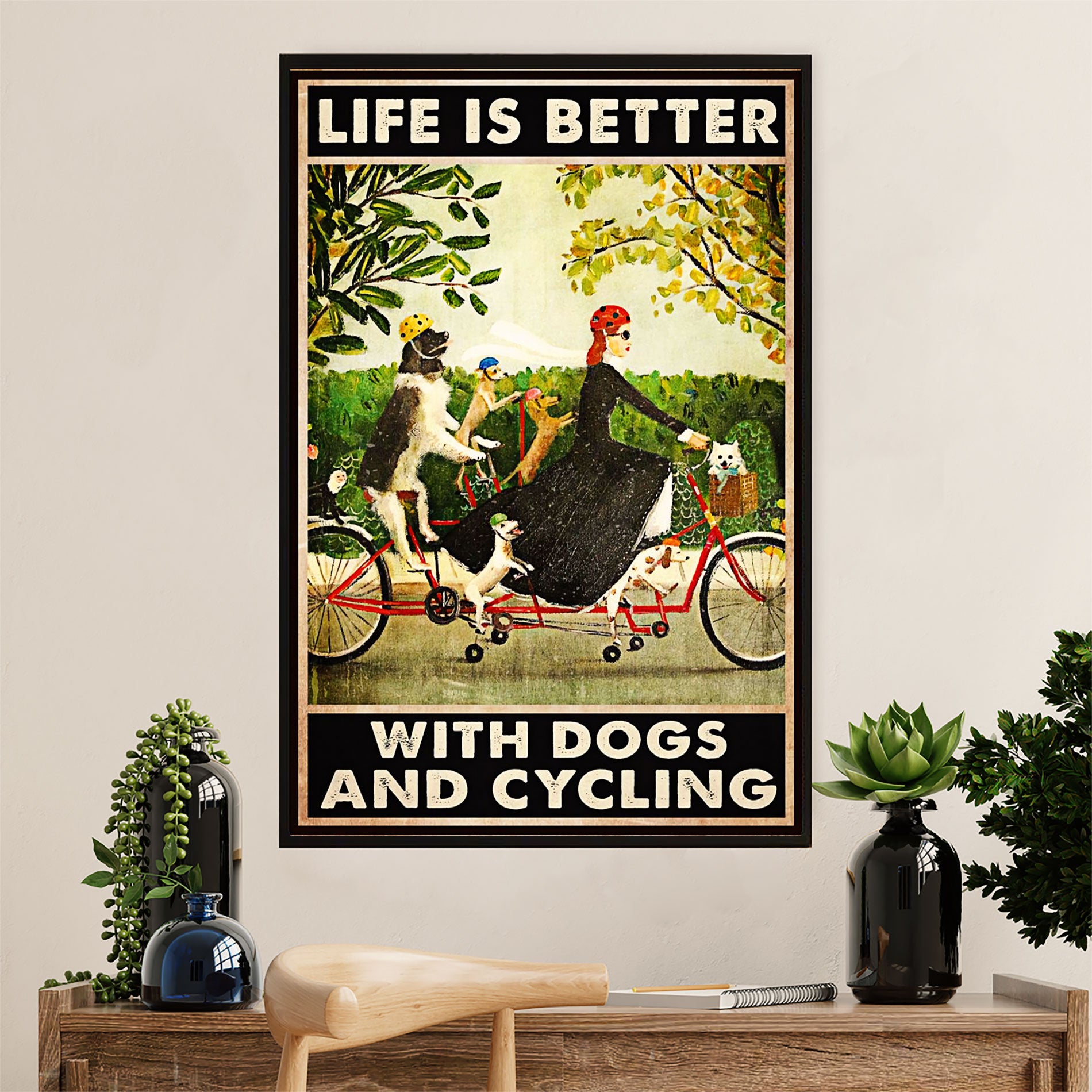 Cycling, Mountain Biking Canvas Wall Art Prints | Woman Loves Dogs & Cycling | Home Décor Gift for Cycler
