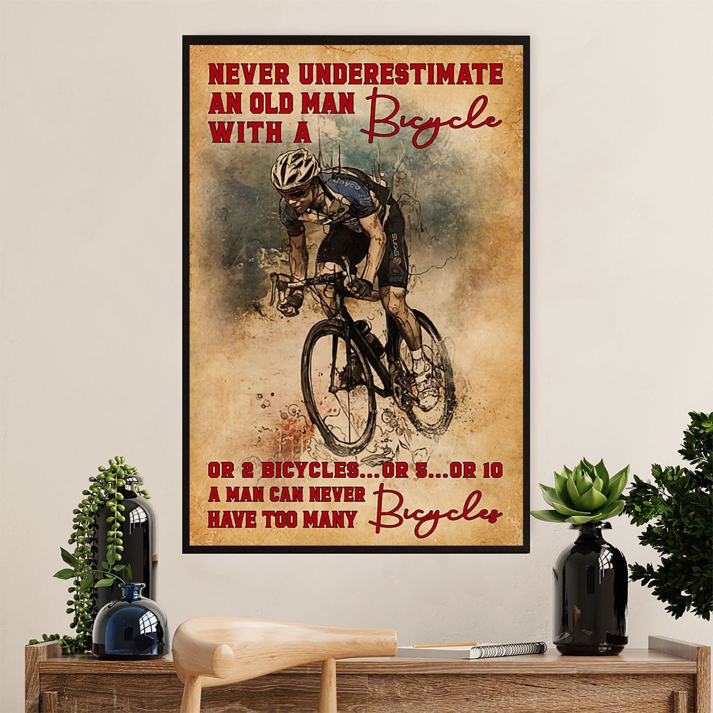 Cycling, Mountain Biking Poster Prints | Never Underestimate An Old Man | Wall Art Gift for Cycler
