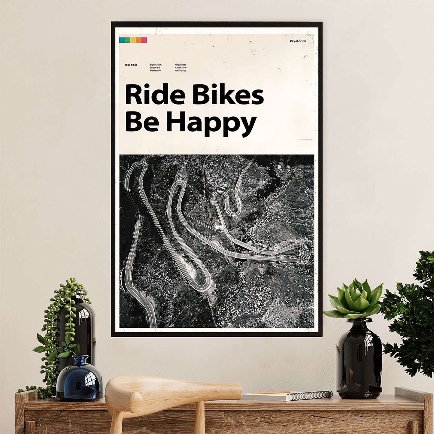 Cycling, Mountain Biking Canvas Wall Art Prints | Ride Bikes Be Happy | Home Décor Gift for Cycler