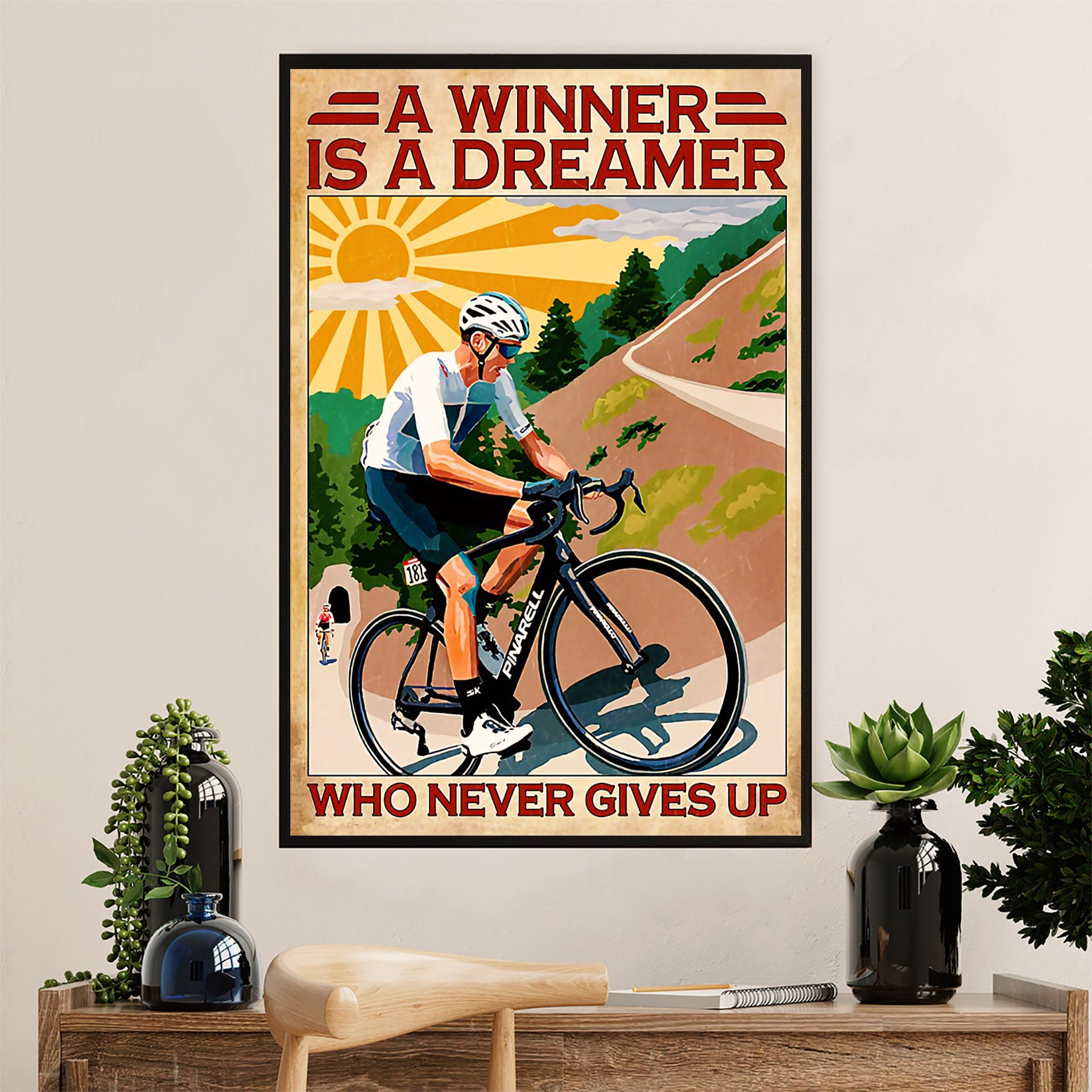 Cycling, Mountain Biking Canvas Wall Art Prints | Winner Never Gives Up | Home Décor Gift for Cycler