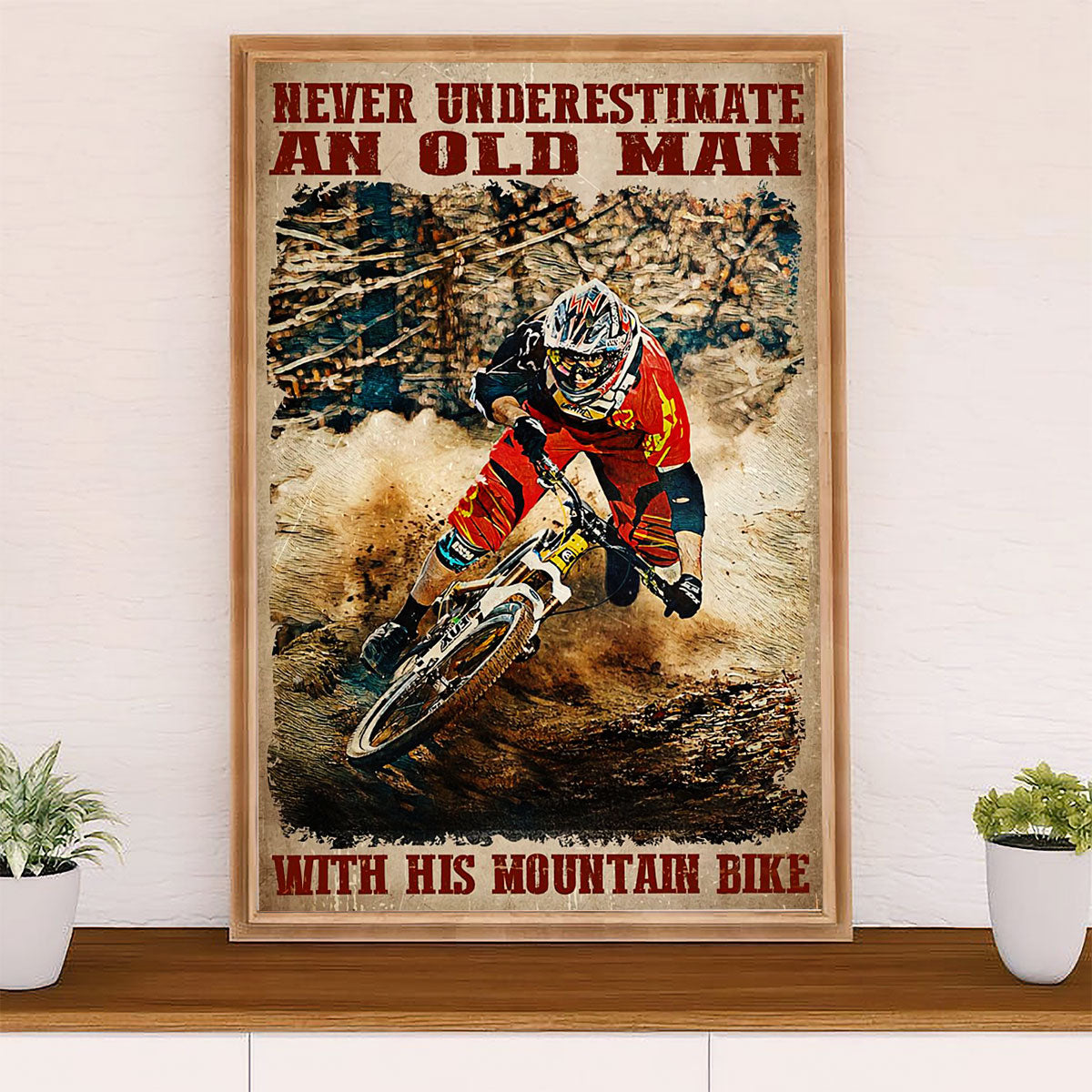 Cycling, Mountain Biking Poster Prints | Old Man with Mountain Bike | Wall Art Gift for Cycler