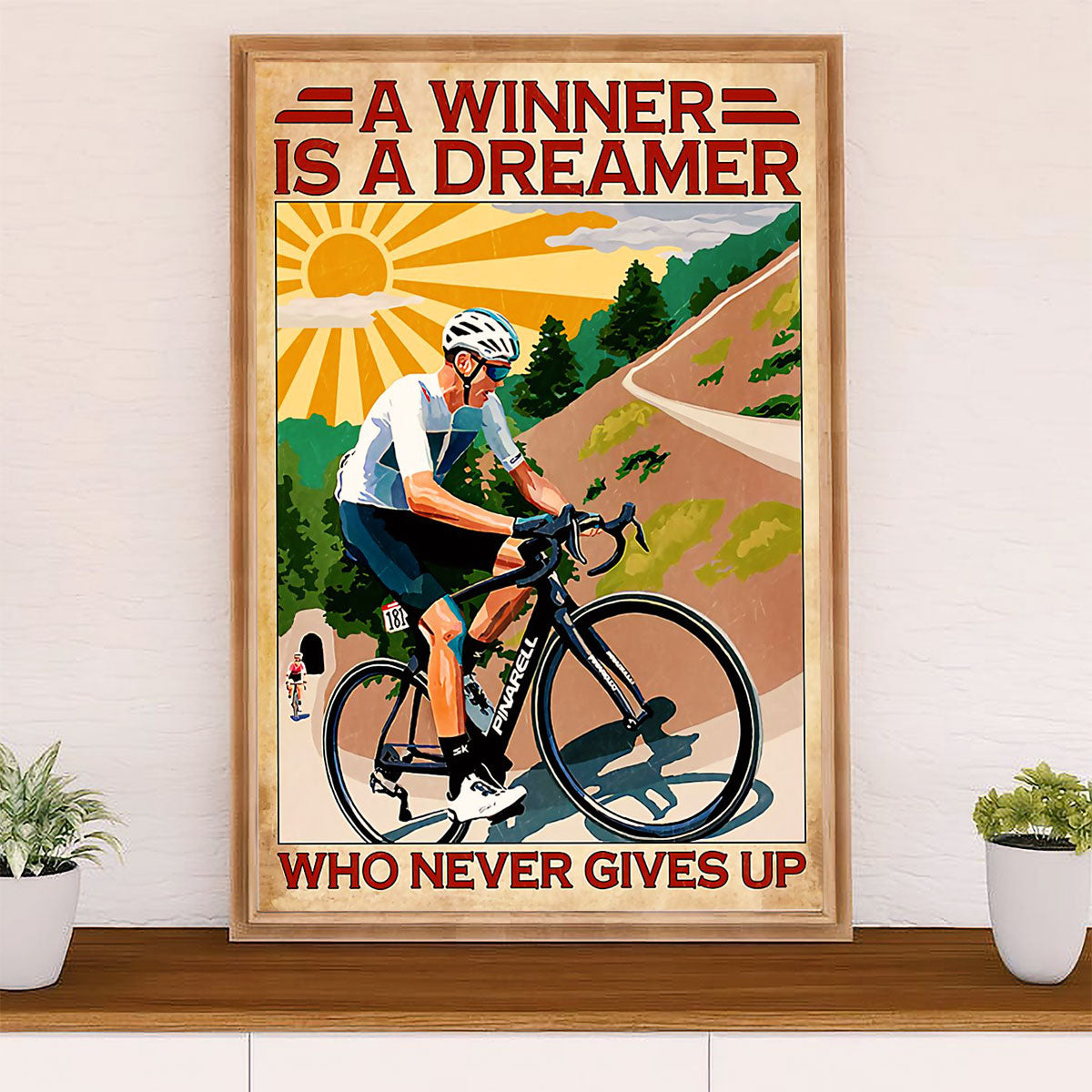Cycling, Mountain Biking Canvas Wall Art Prints | Winner Never Gives Up | Home Décor Gift for Cycler