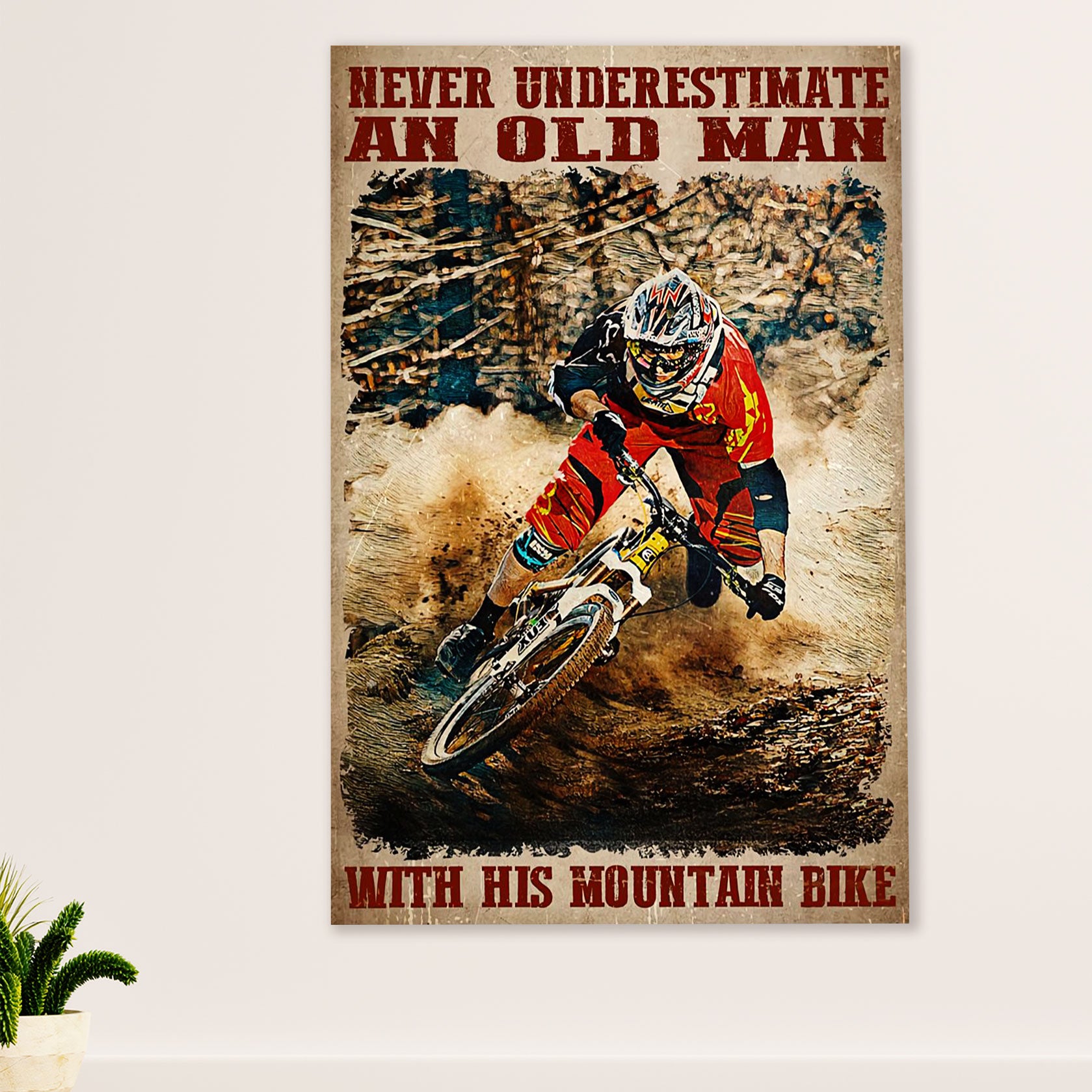 Cycling, Mountain Biking Poster Prints | Old Man with Mountain Bike | Wall Art Gift for Cycler