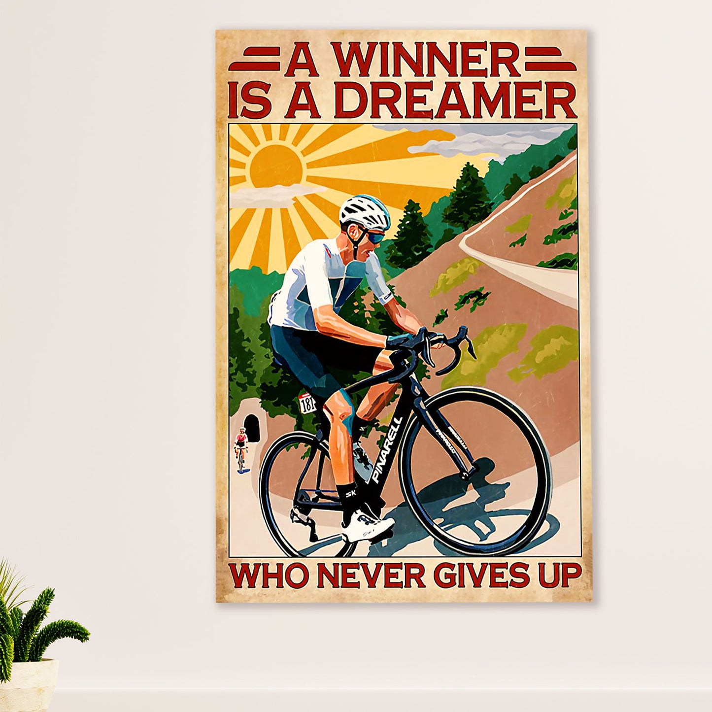 Cycling, Mountain Biking Canvas Wall Art Prints | Winner Never Gives Up | Home Décor Gift for Cycler