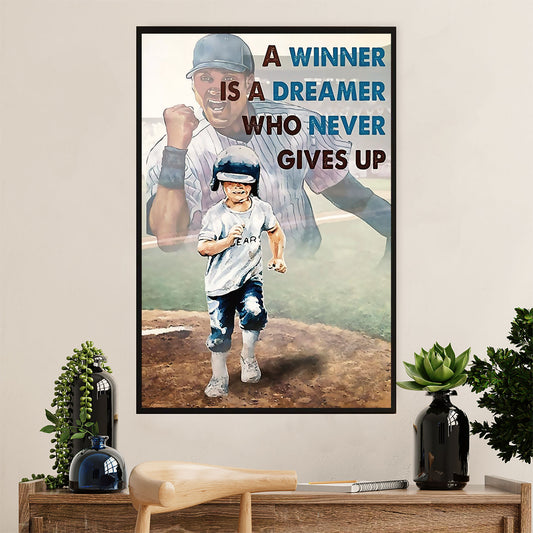 Baseball Poster Prints Wall Art | Winner Never Gives Up | Home Décor Gift for Baseball Player