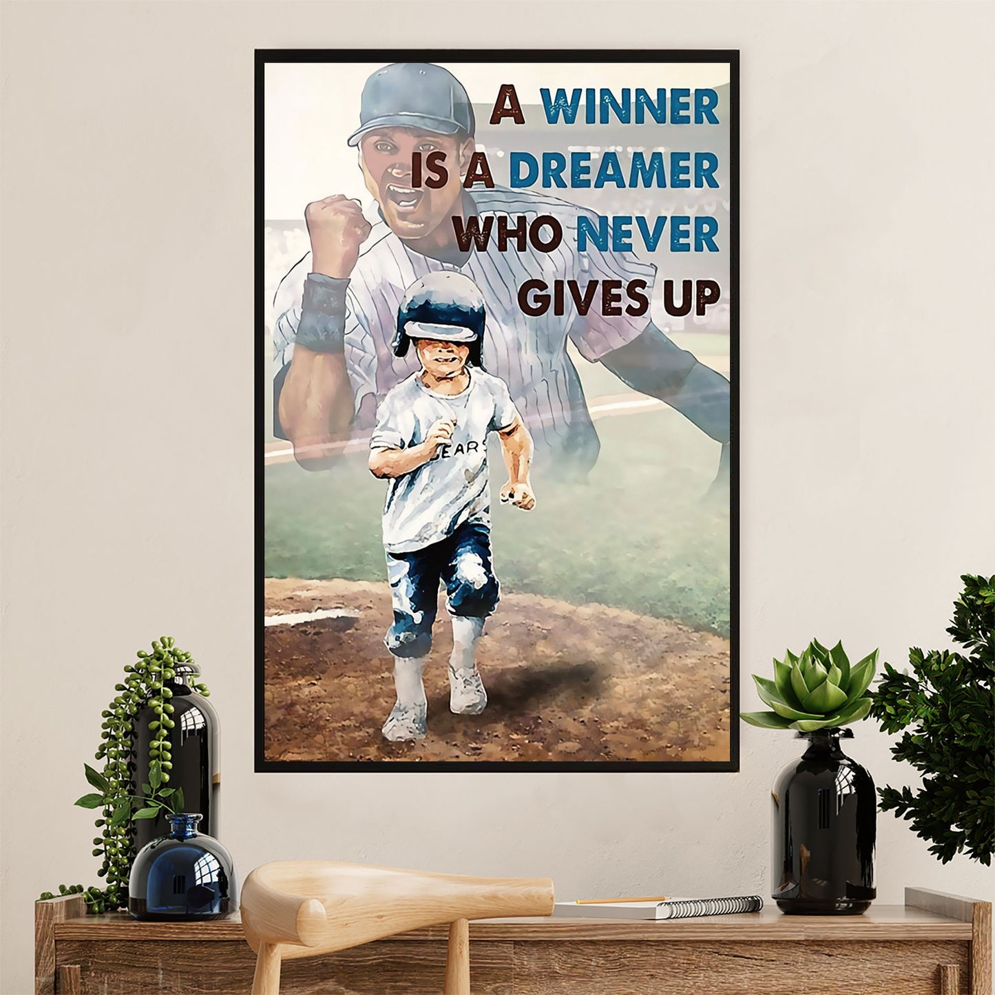Baseball Canvas Wall Art Prints | Winner Never Gives Up | Home Décor Gift for Baseball Player