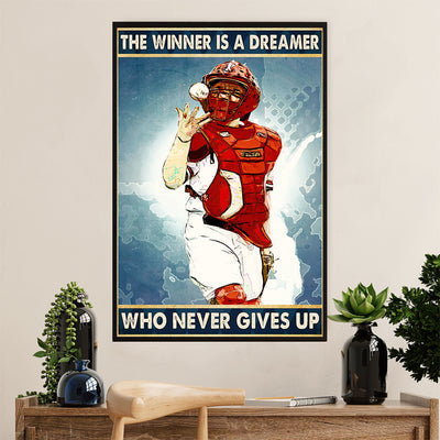 Baseball Canvas Wall Art Prints | Winner Never Gives Up | Home Décor Gift for Baseball Player